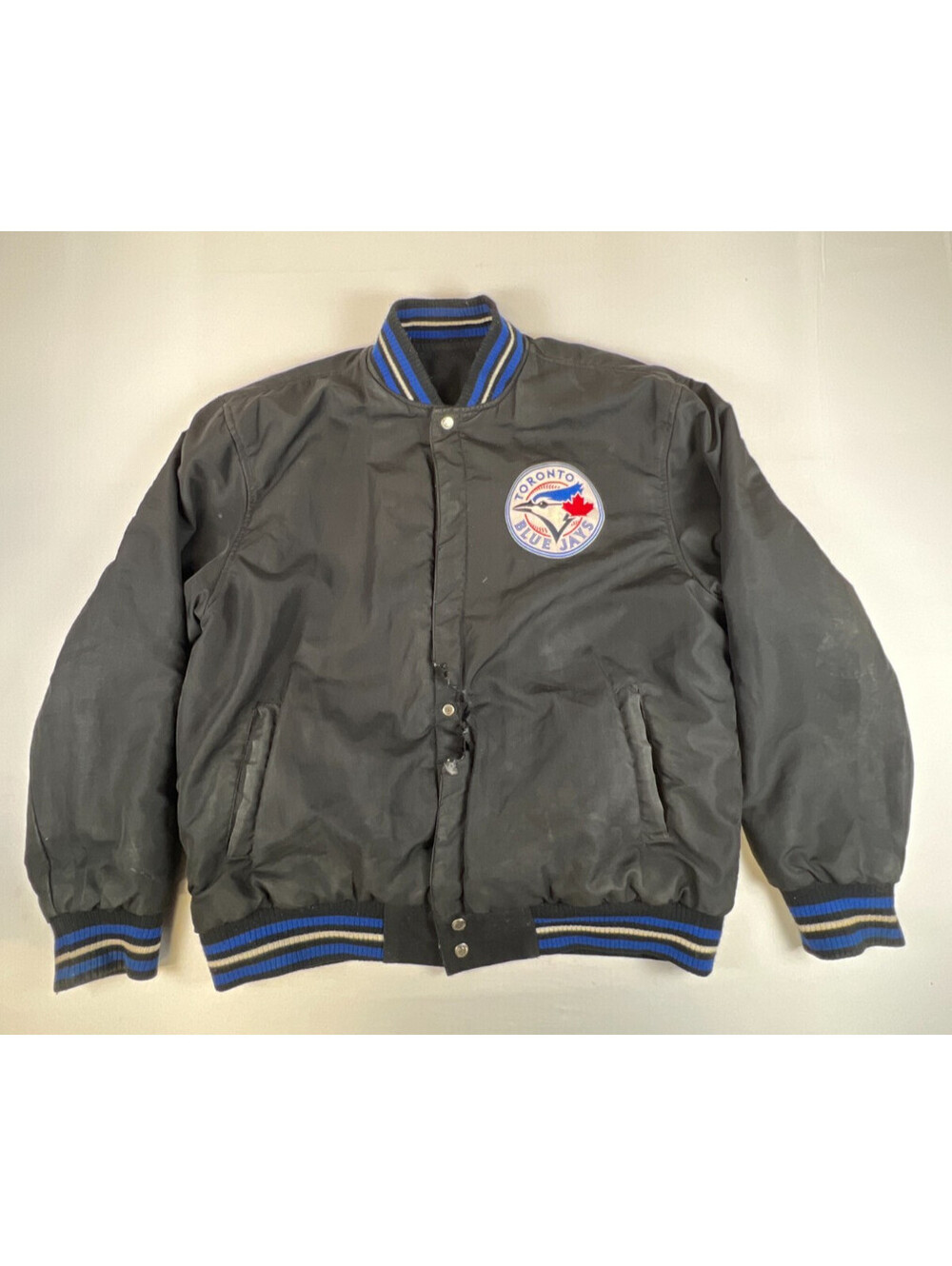Vintage JH Design Toronto Blue Jays Varsity Jacket Black Royal Blue XL Damaged - Picture 8 of 13